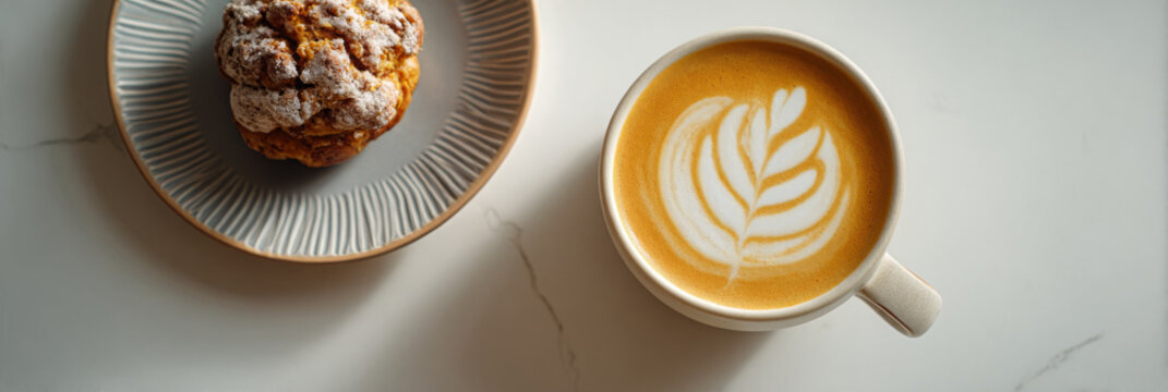 Latte art with pastry looks yummy and appetizing on white surface