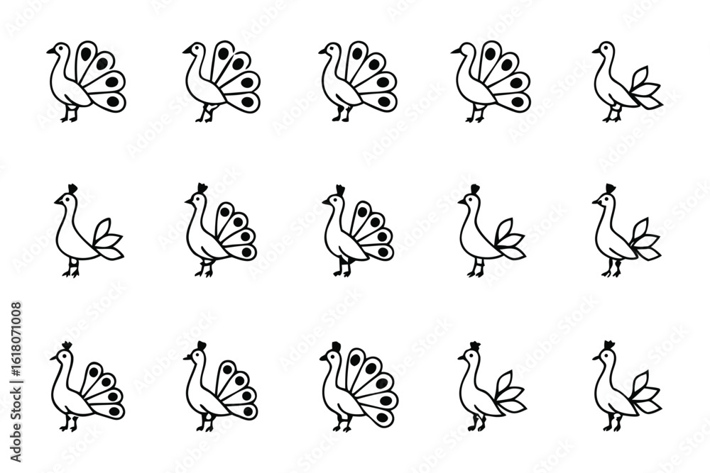 Poster array of peacocks icon pattern: a charming assortment of peacock illustrations, each uniquely posed,