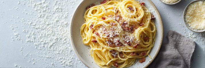 Spaghetti carbonara served looks appetizing and cheesy