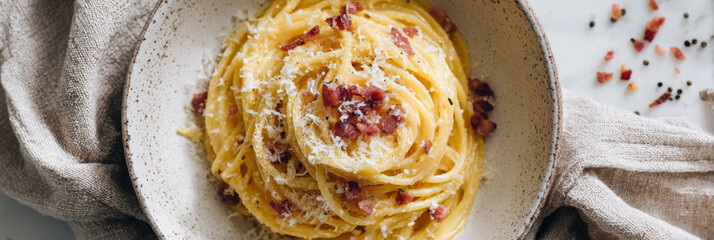 Spaghetti carbonara looks delicious with parmesan shaving, ready to be served