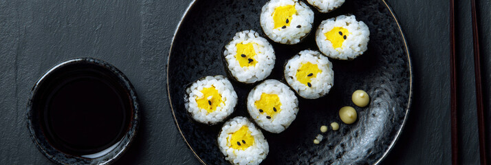 Tamago sushi on plate looks appetizing, offering tempting taste