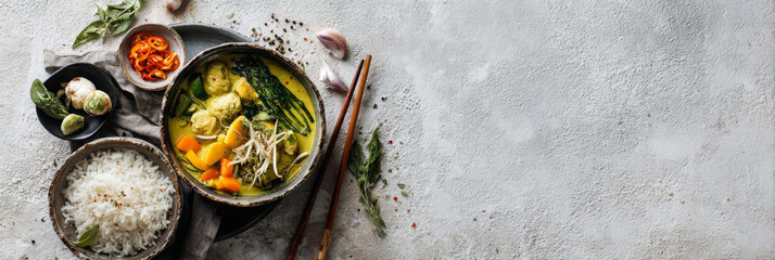 Thai green curry and rice is ready, tempting and delicious flat lay