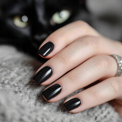 Close-up of a woman's hand with a chic black manicure gently resting beside a beautiful black cat with green eyes, creating a cozy and stylish scene of comfort.
