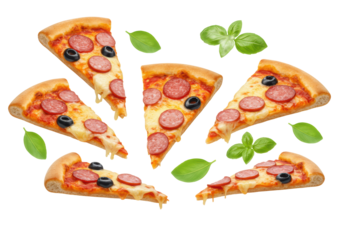 Multiple triangular Italian pizza slices with pepperoni, sausages, olives, melted mozzarella, and fresh green basil leaves, dynamically floating mid-air against a transparent studio background with no