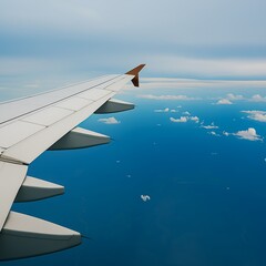 Fototapeta premium Aerial View from Airplane Window Showing Wing and Cloudy Sky