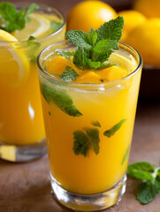 Fototapeta premium Refreshing mango lemonade with mint and ice cubes in a glass