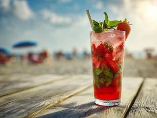 Refreshing strawberry mojito cocktail sitting on wooden table at beach