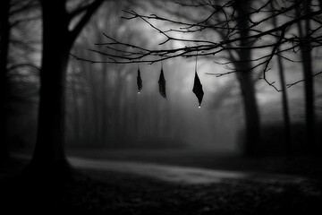 Black and white forest scene with hanging leaves