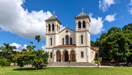 Fototapeta premium Immaculate Conception Cathedral, Comayagua, Honduras, with twin towers and a bright blue sky