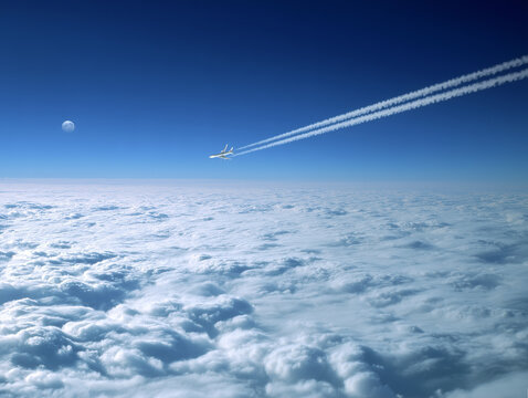 Airplane flying above clouds leaving contrail with moon in background - Powered by Adobe