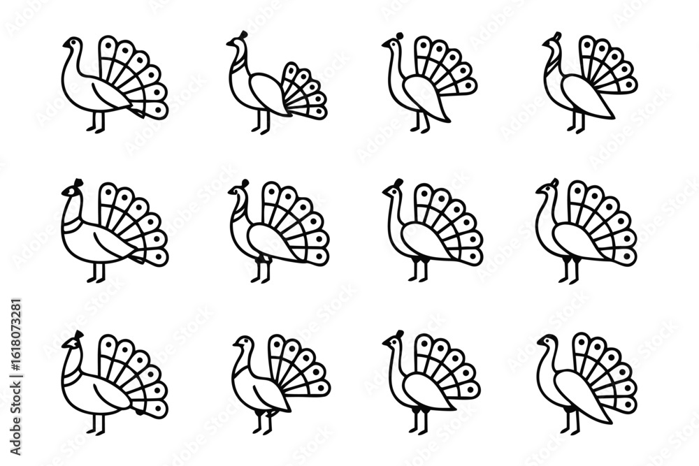 Poster peacock silhouette: a pattern of simple illustrations of a peacock with its tail feathers, presented