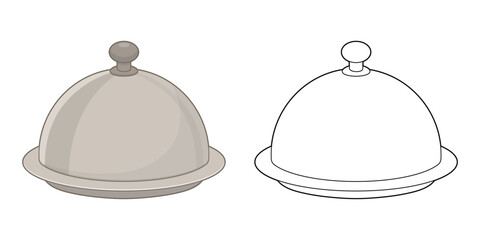 A silver serving platter with domed lid shown in color and line drawing.