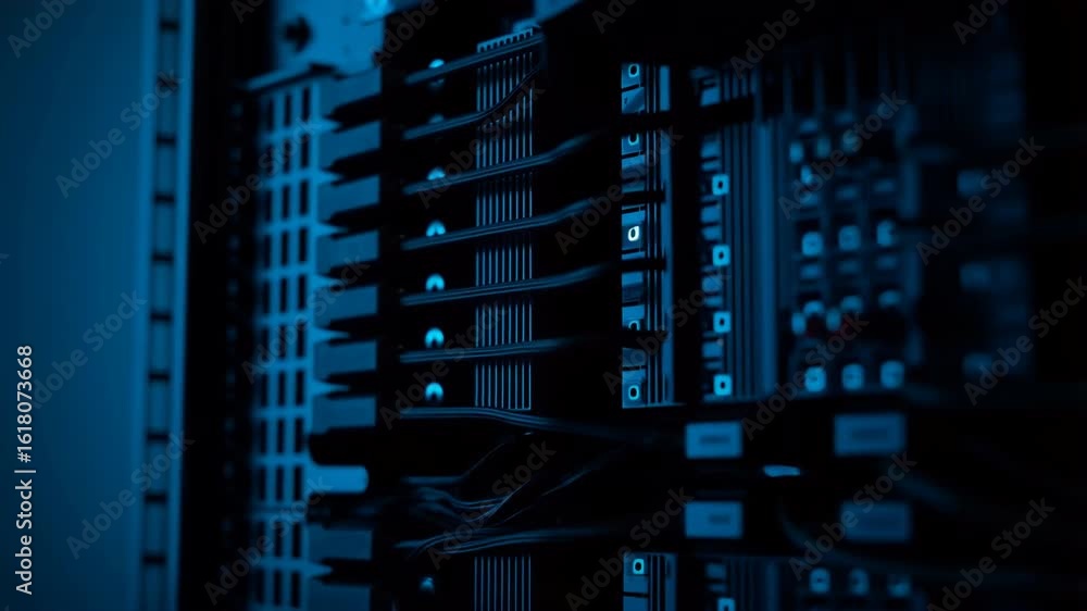 Poster data center server rack with digital storage hardware, illuminated by blue led lights for cloud comp