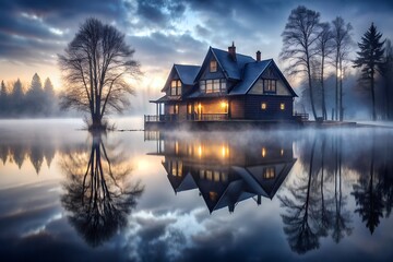 Fototapeta premium A cozy house on a misty lake at dawn, with trees reflected in the calm water, creating a serene and atmospheric landscape