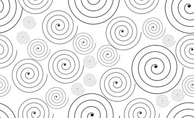 Seamless hand drawning spiral pattern with black circular swirls on white background. Ideal for wallpaper, fabric, wrapping paper, backgrounds, or abstract art design.