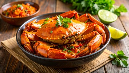 Delicious whole cooked crab in a rich, spicy Padang-style sauce, a traditional Indonesian seafood delicacy in a dark bowl.