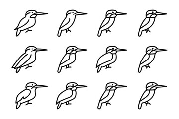 Kingfisher Silhouette Collection: A set of stylized kingfisher silhouettes. Each outlines shows unique positioning. This clean.
