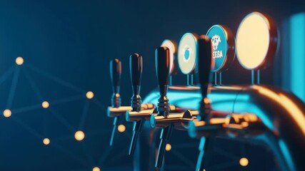 A modern beer tap system with illuminated handles showcasing various beer options in a stylish bar setting surrounded by a vibrant blue backdrop and abstract lighting elements