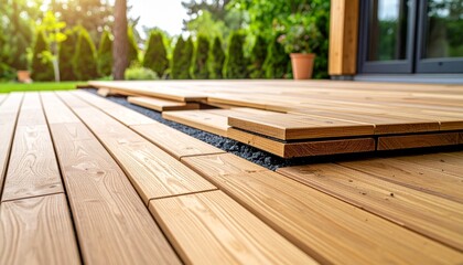 Building a new wooden deck with timber planks in a backyard garden, a close-up of the installation process.