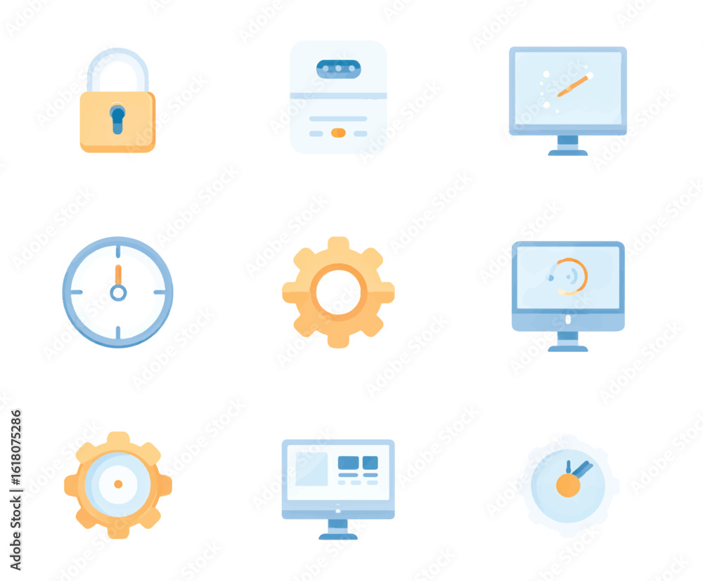 Poster set of flat vector icons representing security time management and technology solutions in business 
