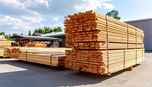 Industrial sawmill yard featuring large, neatly stacked piles of wooden boards and fresh planking for the construction industry.