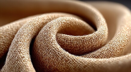 Close-up of Beige Fabric with Elegant Spiral Folds, Showcasing Soft Texture and Natural Fiber Sheen for Backgrounds, Home Decor or Commercial Use

