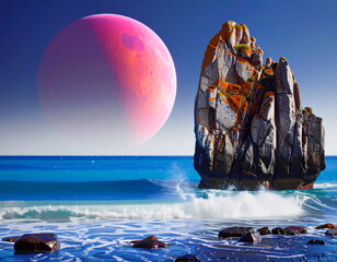 Mond hinter einem Felsen im Meer