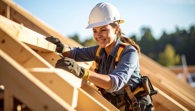 A skilled female carpenter and roofer works on the wooden roof structure of a house at a sunny construction site.