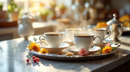 An elegant tea service with steaming cups and floral accents sits on a sunlit table