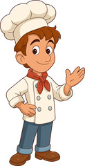 Cartoon chef character standing with welcoming hand gesture and gentle smile.