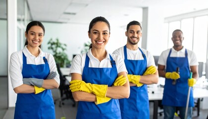 Portrait of a confident and diverse team of janitors in uniform, providing professional cleaning and maintenance services in a modern office.
