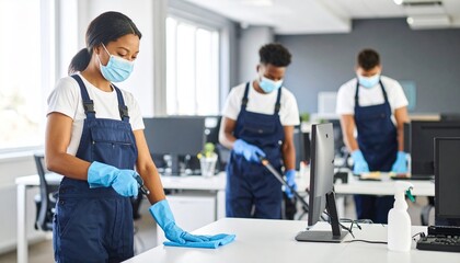 A professional team of janitors in uniform diligently cleaning a modern office space to ensure workplace hygiene.