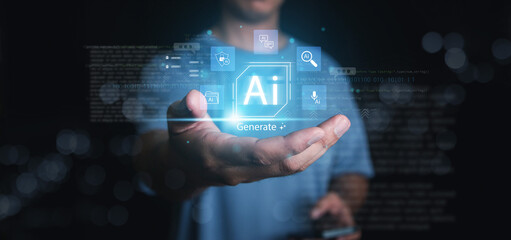 The concept of driving business growth with artificial intelligence technology, businessman prompt generation AI  to use to create something, search, manage document files, images, AI technology.