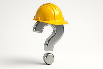 A shiny question mark is topped by a yellow hard hat, creating an intriguing concept image.