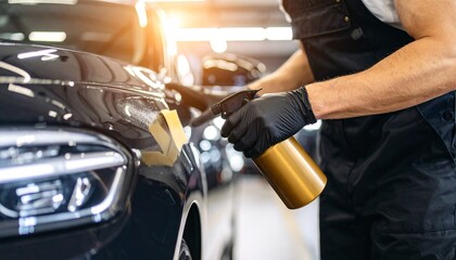 Meticulous car detailing in a cleaning salon, a professional applies a polishing spray to the vehicle's body for a perfect shine.