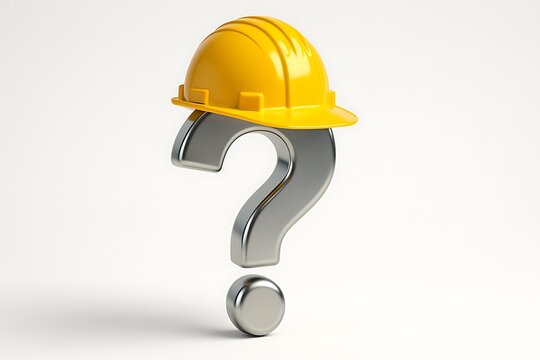 A shiny question mark is topped by a yellow hard hat, creating an intriguing concept image.