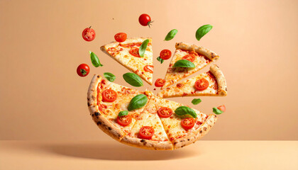 Dynamic sliced Margherita pizza with flying ingredients against a beige background