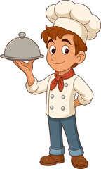 Cartoon chef presenting a covered dish with a smile on a black background.
