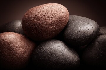 Close-up of smooth, stacked stones in shades of brown and dark gray