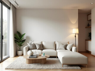 Salon lumineux et épuré avec canapé beige, décoration minimaliste et ambiance chaleureuse et contemporaine
