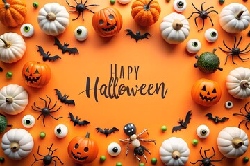 Happy halloween text surrounded by pumpkins, spiders, bats, and eyeballs on an orange background