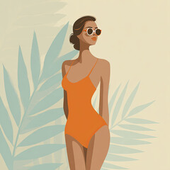 A stylish, retro-inspired illustration of a chic woman in an orange swimsuit and sunglasses, posing against a tropical palm leaf background for a summer vacation vibe.
