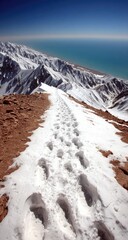 Snowy mountain path, footprints leading to distant sea