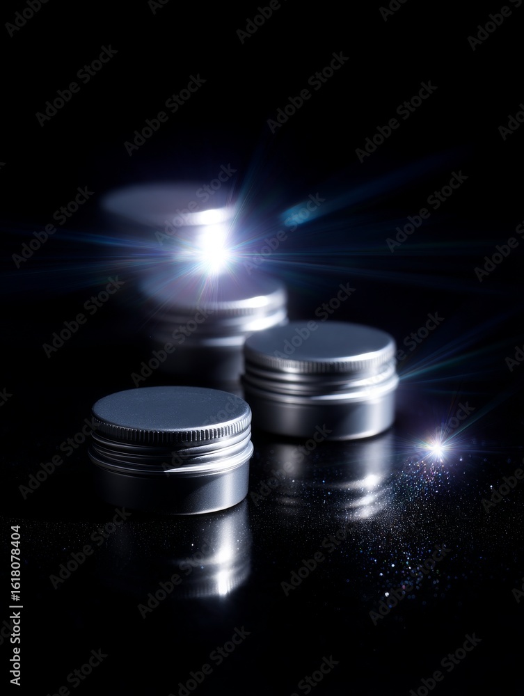 Poster shiny silver containers appear in a modern setting. the sleek design makes them ideal for cosmetic p