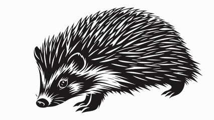 Illustration of a hedgehog with detailed quills in black and white vector image design style art silhouette