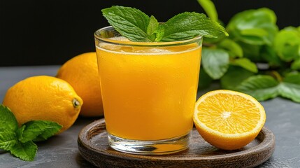  Orange juice in a glass with mint garn