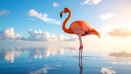 Majestic Flamingo Standing in Calm Water with Sky Reflection and Sunlight