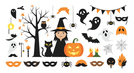 Delightful halloween icons featuring a witch owl black cat and festive decorations