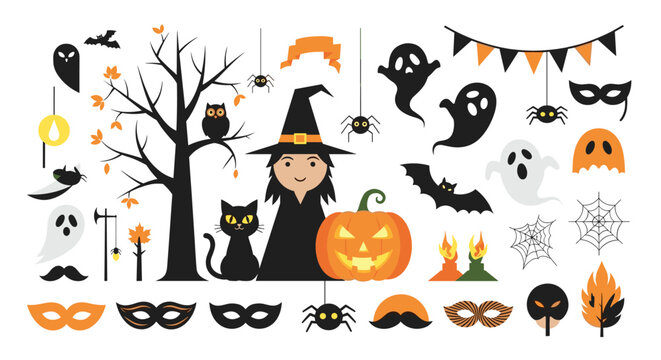 Delightful halloween icons featuring a witch owl black cat and festive decorations - Powered by Adobe
