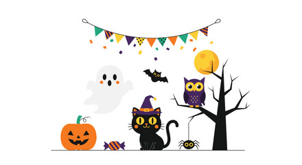 Fototapeta premium Spooky halloween night full moon ghost bat owl black cat pumpkin spider and candy decoration
